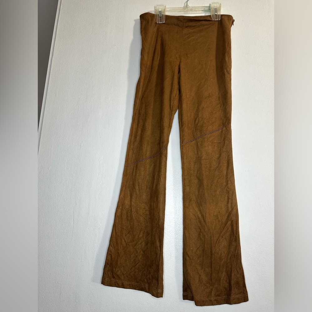 Vintage 90s Pants Flare Leg Faux Micro Suede Low Rise Zip Up USA Lattice Detail